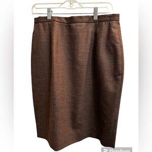 WOOL Beige Brown Plaid Lined herringbone Skirt SZ 14 Petite Pockets Worsted Wool